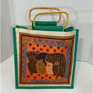 Diversity tote in burlap printed in India. Repeat design both sides 12x12x5
